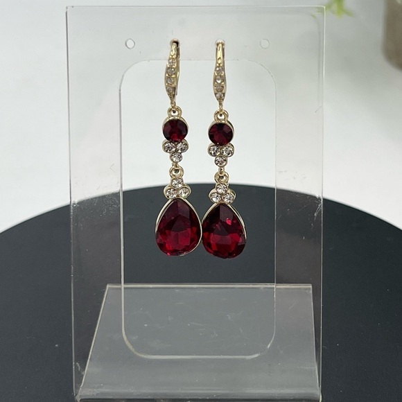 Givenchy Womens Gold Tone Red and Clear Crystal Dangle Drop Earring New - Picture 1 of 10